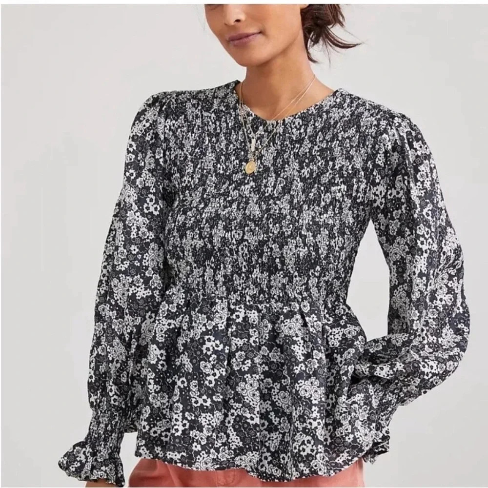 Faithfull the Brand Biela Linen‎ Smocked Black White Long Sleeve Keyhole Blouse